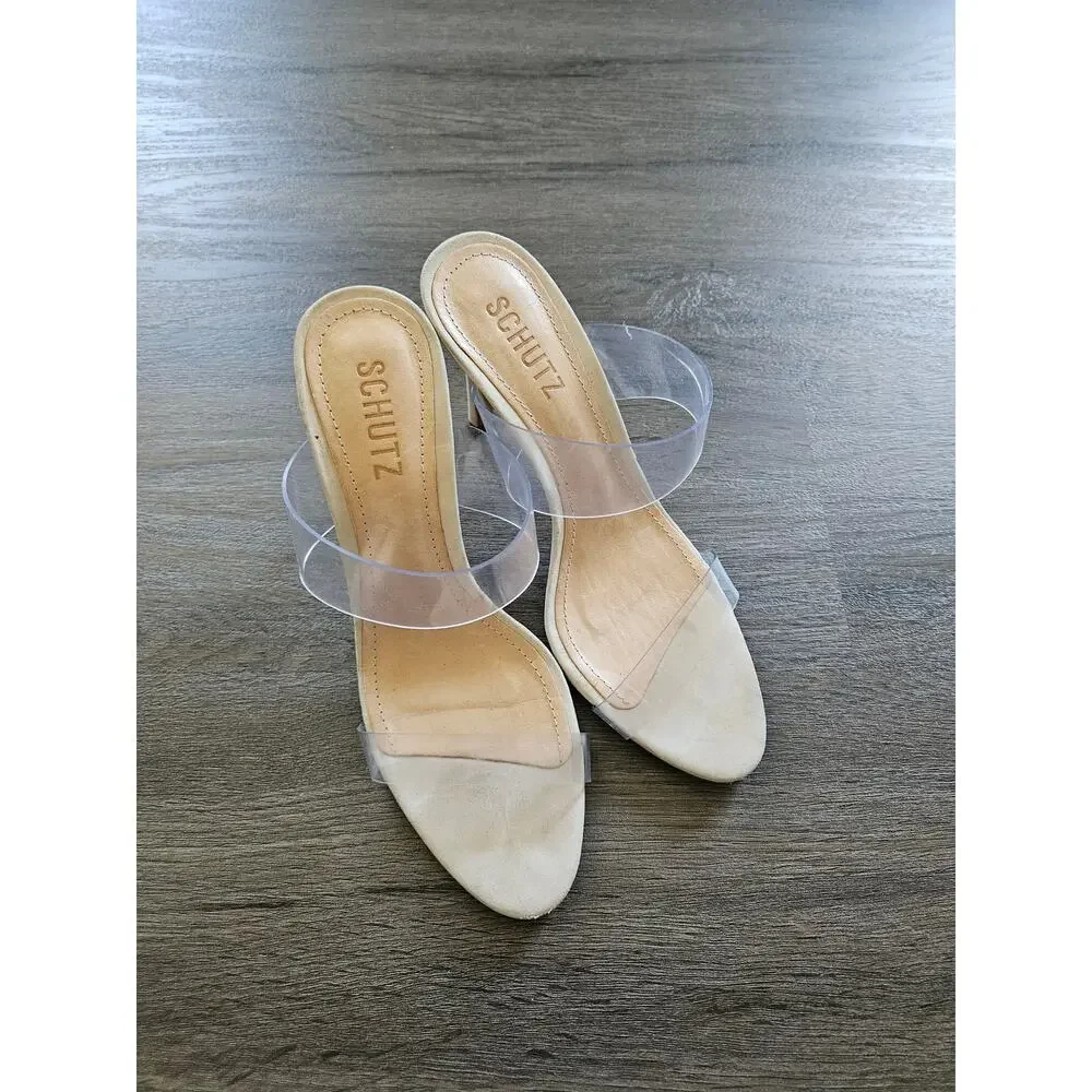 Schutz Nude Ariella Suede Sandal Heels in Oyster Size 7.5